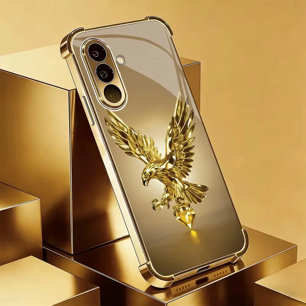 Golden Eagle design silver plated glass phone case suitable for Samsung Galaxy S26 S25 S24 S22 S21 S20 FE/Ultra/Plus anti drop