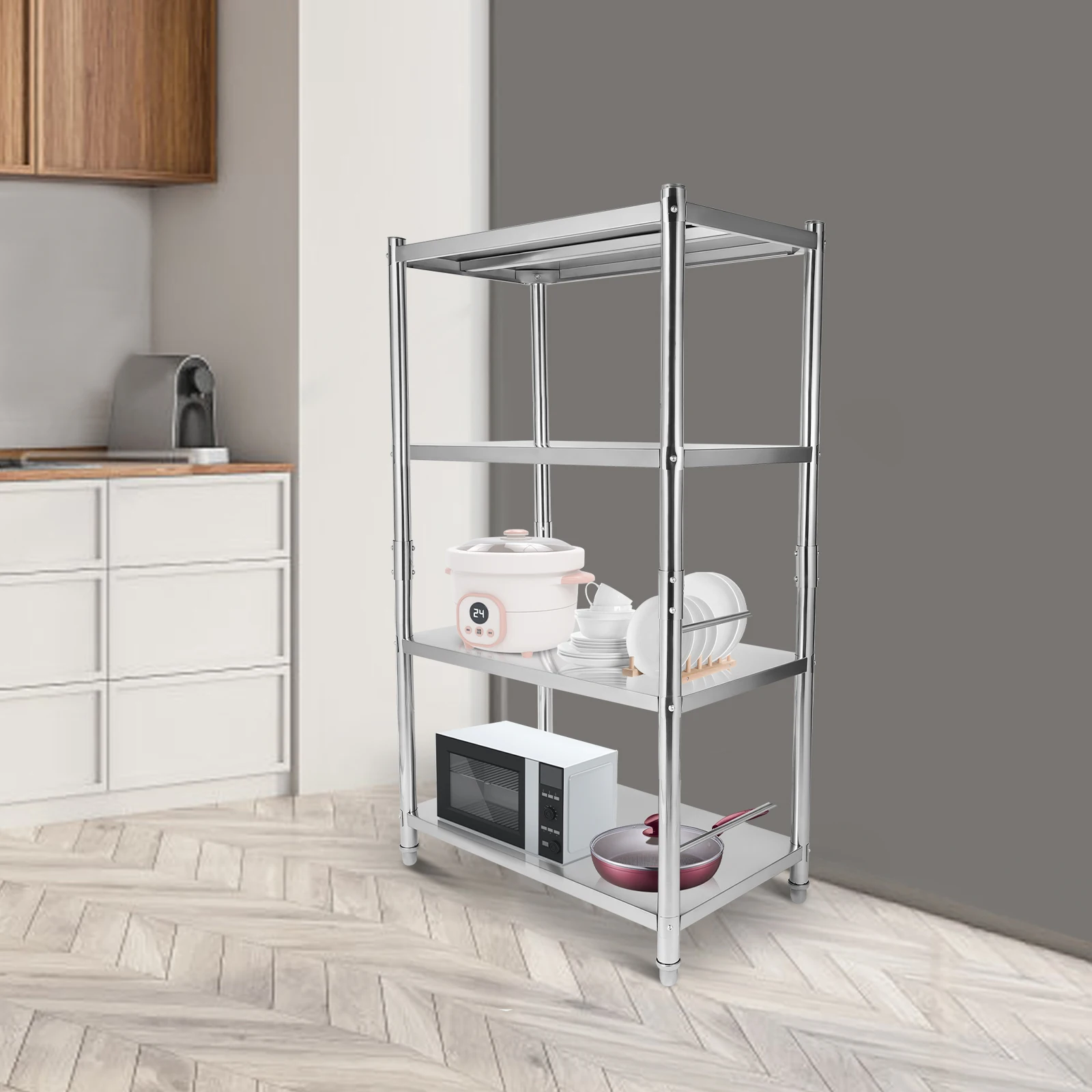 Stainless Steel Shelf 4 Tier Adjustable Shelf Storage  Heavy Duty Shelving Triangular Reinforcements Heightened Bottom