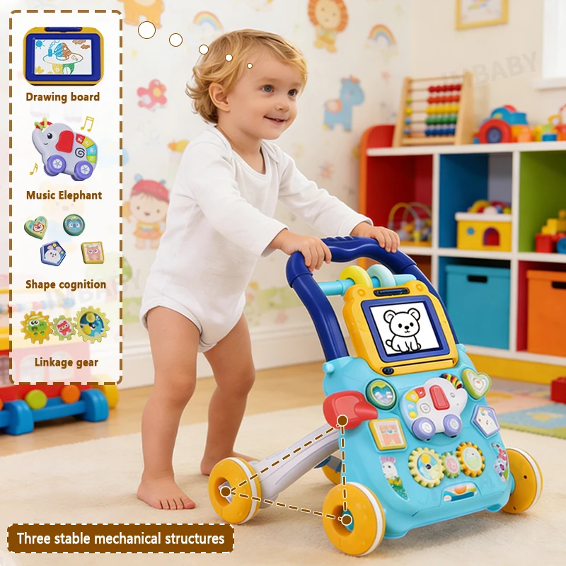 

IMBABY New Infant Learn Baby Walker Baby Cartoon Push Type Walker Toy with Music and Drawing Board Multifunctional Activity Cart