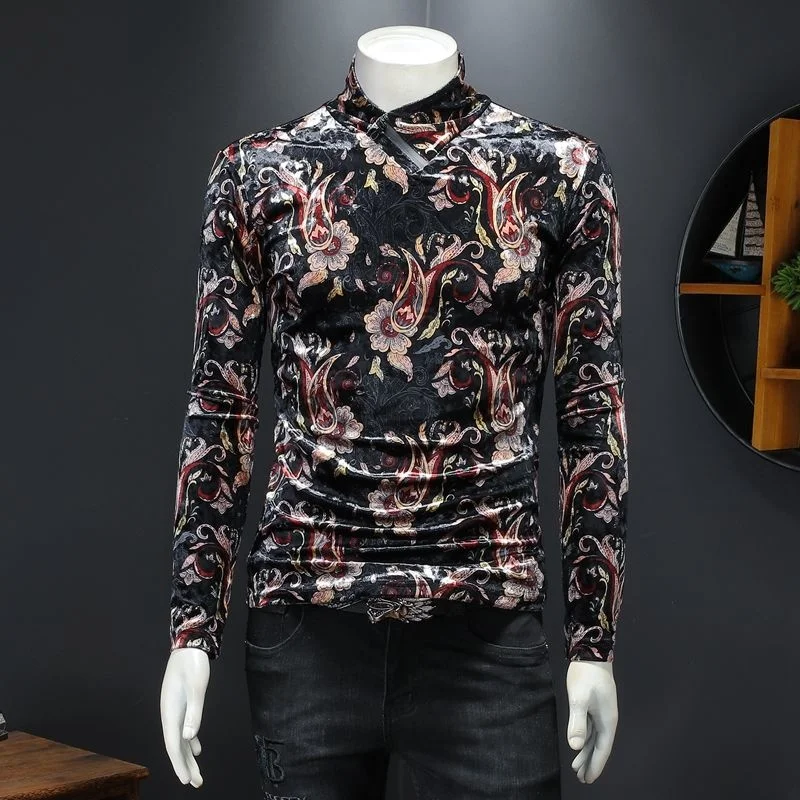 

Side Zipper Stand Collar Luxury Flora Royal T Shirt Men Club Outfits Velvet Tshirt Men Autumn Paisley Print Casual T Shirt Homme