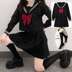 Uniforme escolar japonés para niñas, traje Jk, pajarita roja, negro, tres uniformes básicos de marinero, trajes de manga larga para mujeres