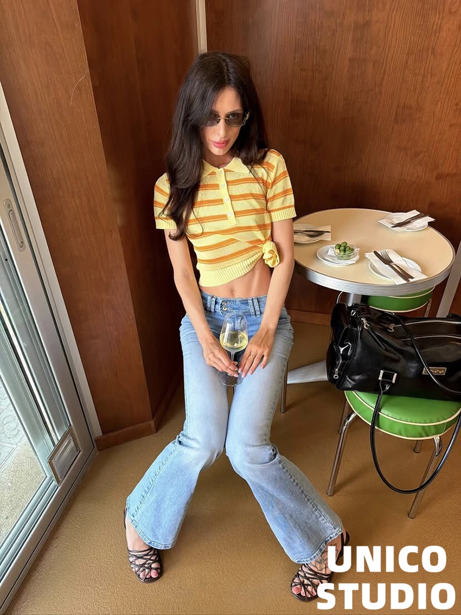 

American Style Short Sleeve Knitted Neck Hollow out Top Slimming Shirt T-Shirt Hollow out Design Turn down Collar Tee