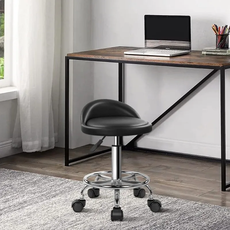 

PU Leather Round Rolling Stool with Foot Rest Height Adjustable Swivel Drafting Work SPA Task Chair with Wheels (Black)