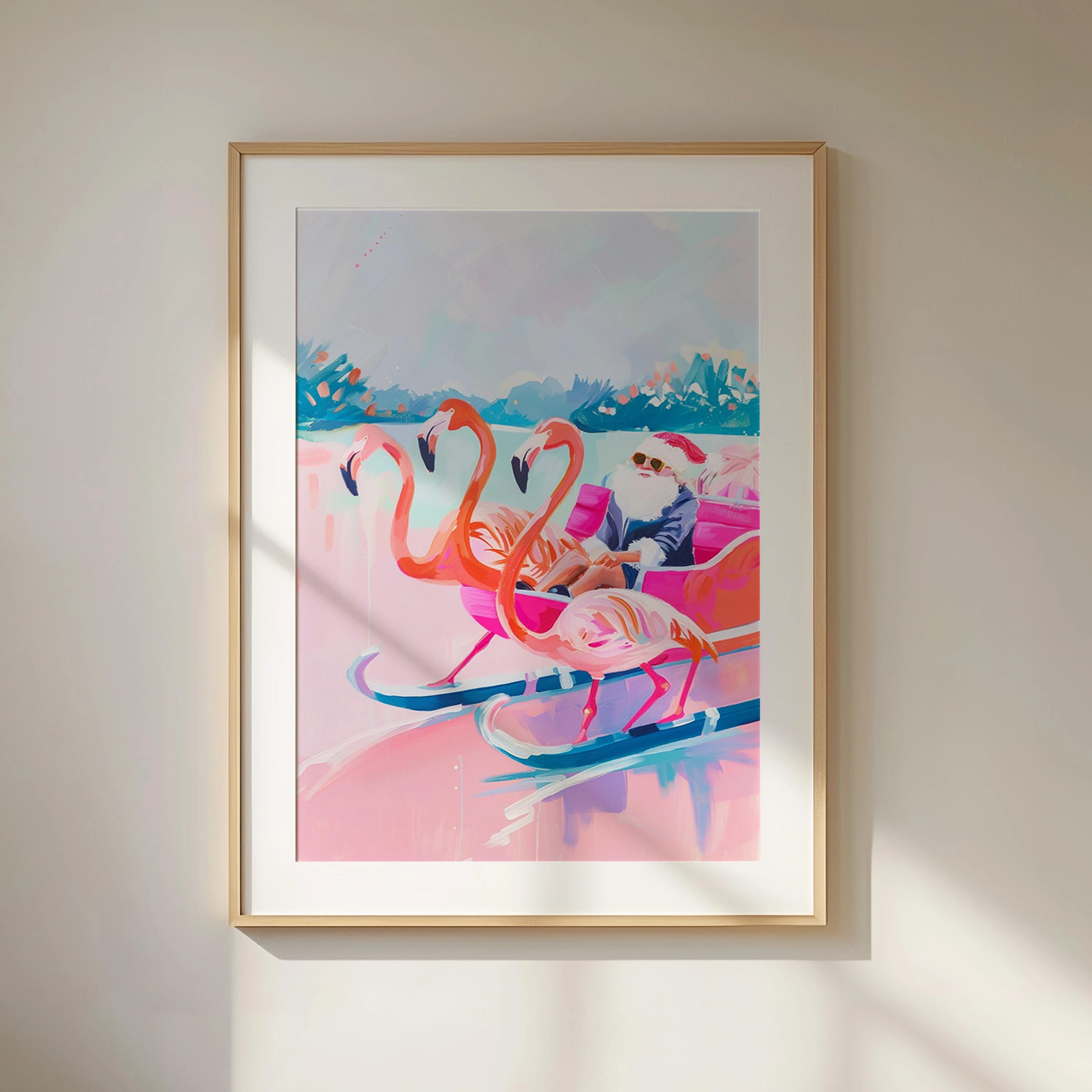 Abstract Christmas Santa Pink Flamingo Canvas Wall Art - Winter Holiday Painting Festive Christmas Poster for Living Room Decor