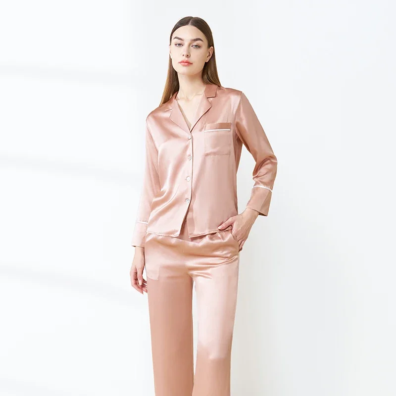 

19MM Heavy Mulberry Silk Nightwear Pajamas Set Lapel Casual Long Sleeve Cardigan and Trousers Pajama Loungewear Button Sleepwear