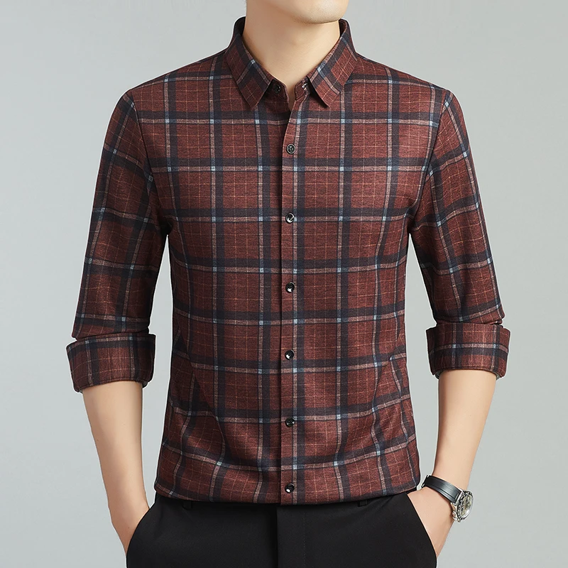 Seamless Smart Casual Plaid Shirts For Men Long Sleeve Exquisite Autumn Quality Silky Comfortable Wrinkle-Free Camisas De Hombre