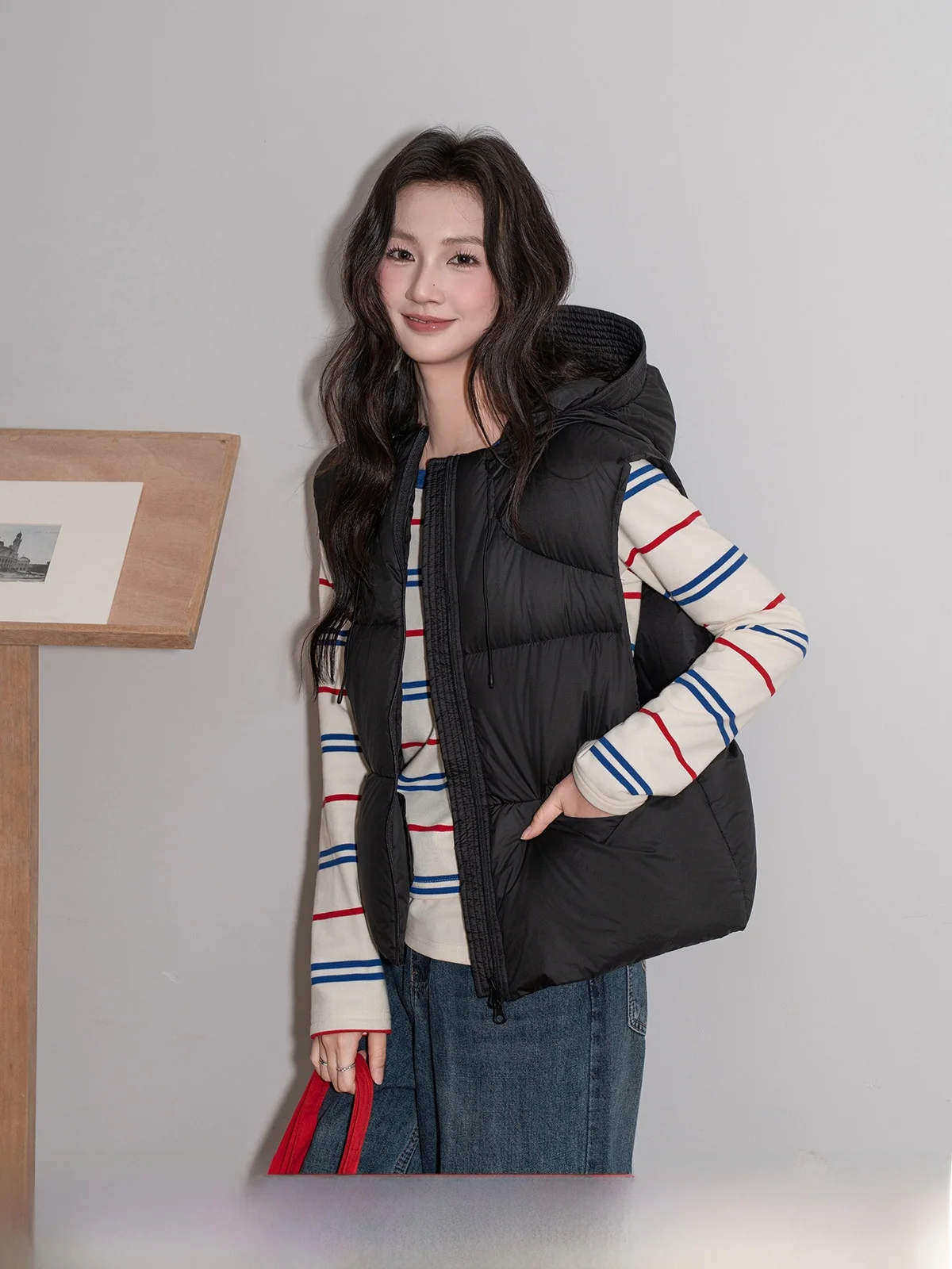 

Bla Hooded ort Zipper down Vest Women's Faion Layering Warmth 2025 Autumn Winter Polyester Fiber Outerwear