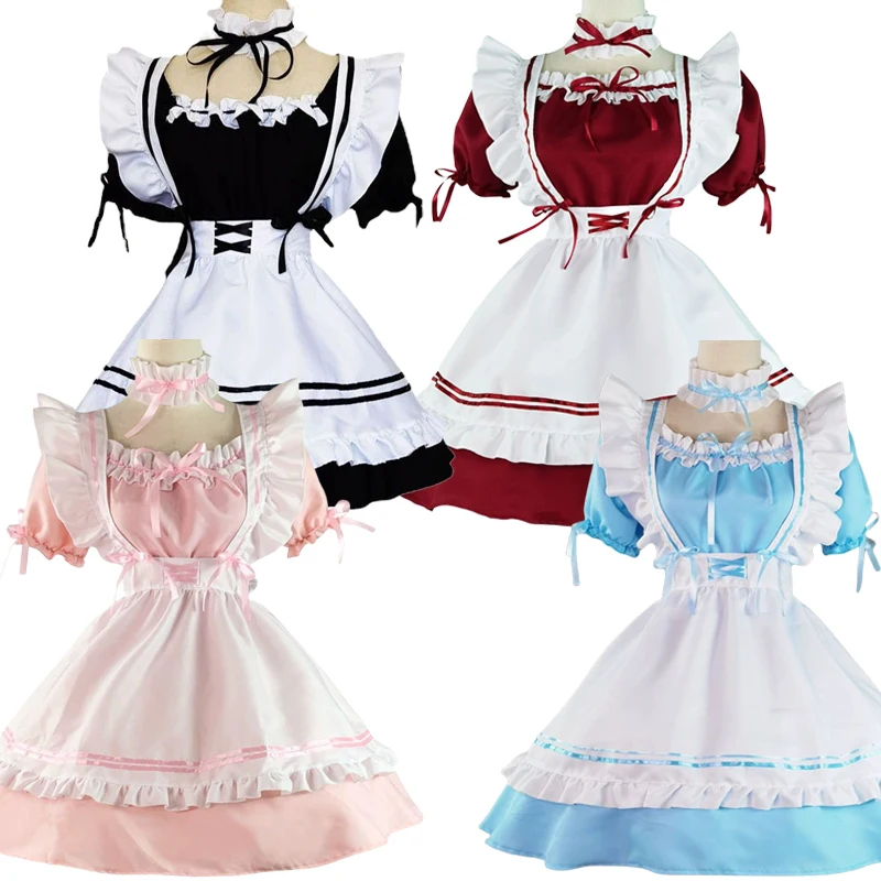 

S-5XL Black Pink Red Blue Cute Lolita Dress Girls Women Lovely Sexy Maid Outfit Cosplay Costume Uniform Clothes Plus Size
