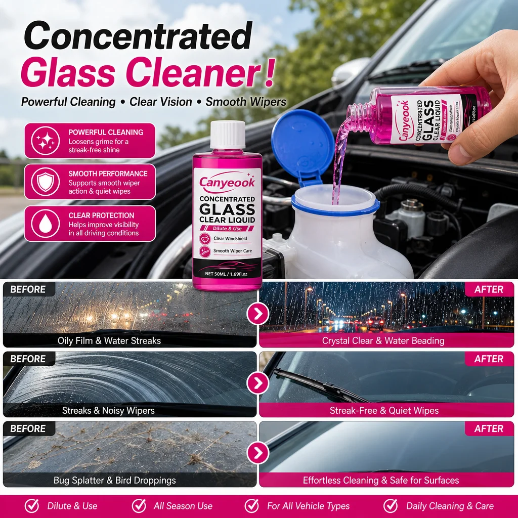 Canyeook Concentrated Windshield Fluid 50ml - Remove Bugs Sap Bird Drops Oil Film Anti-Freeze Streak-Free for Car SUV EV