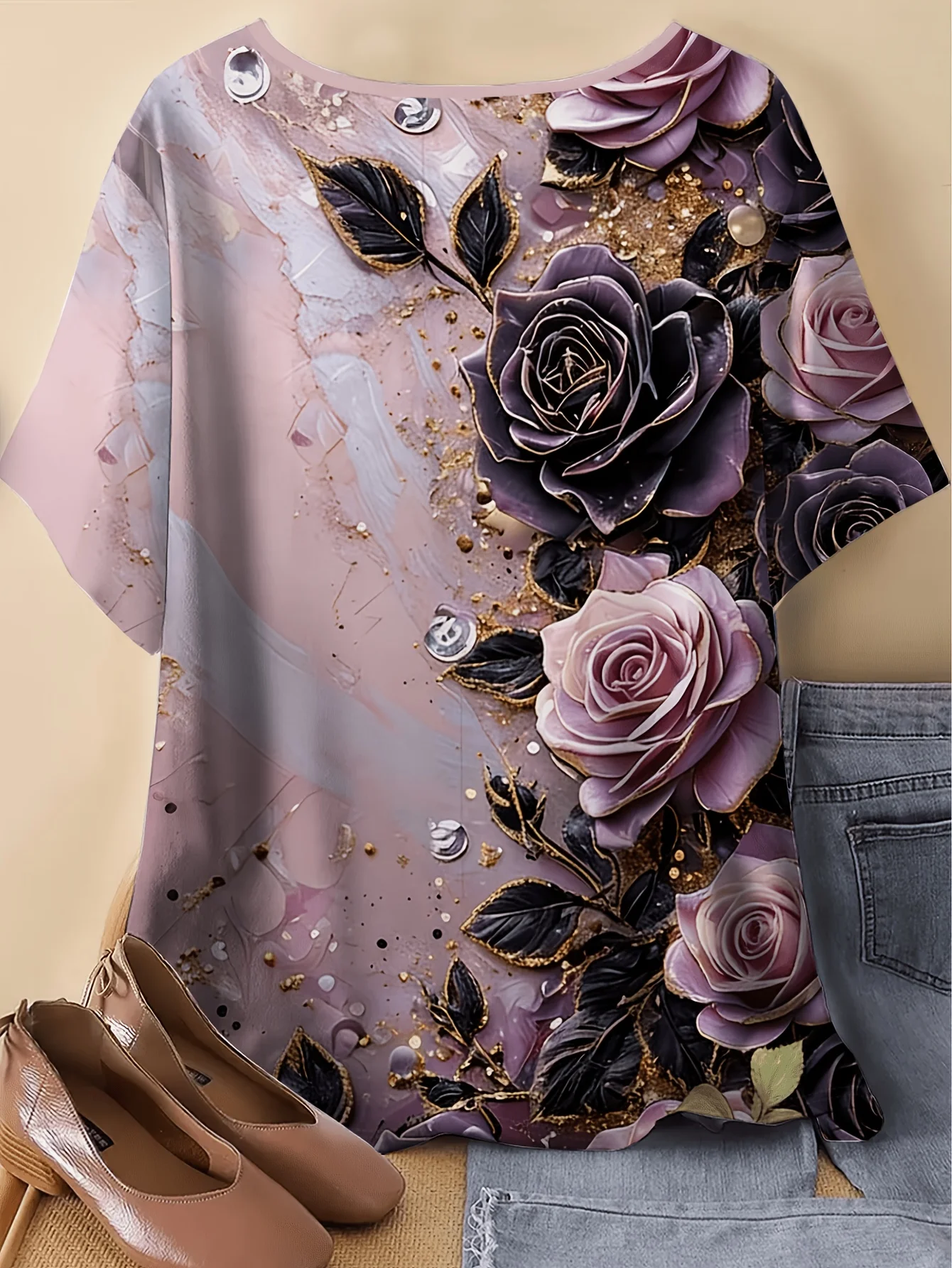 Women Round Neck Short Sleeve T‑shirt Elegant Dark Rose Floral Glitter Print Loose Fit Casual Daily Tee Top Women's Clothes