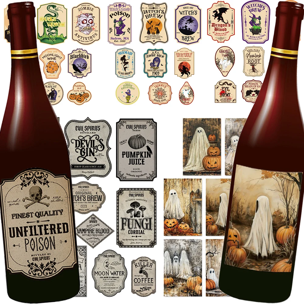 Halloween-Weinflaschen-Aufkleber, Dekoration, Kunst, Klassiker-Set, Weinflaschen-Etiketten für Halloween, Heimdekoration oder Herbst-Gastgeberin als Geschenk