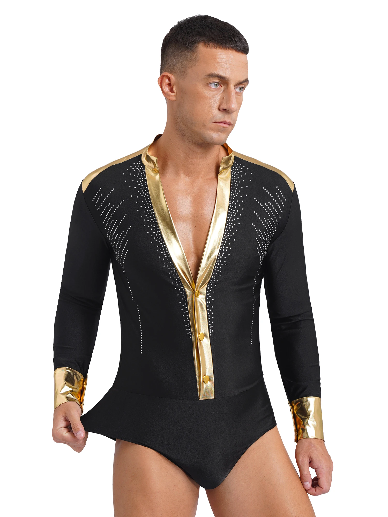 Camisas masculinas de manga comprida, strass brilhante, gola V, maiôs smoking, dança latina, jazz moderno, chacha, rumba, traje de baile