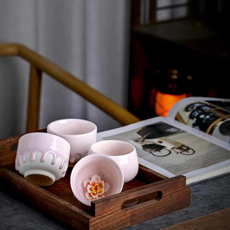 Pink Tea Cup White Porcelain Teacup Ceramic Kung Fu Tea Set Drinking Tea Cups Hand-kneaded Flower Tea Set Chinese Teaware Mugs