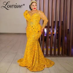 2024 Gold Sequined Lace African Evening Dresses Plus Size Aso Ebi Mermaid Prom Dress South Africa Women Wedding Reception Gowns