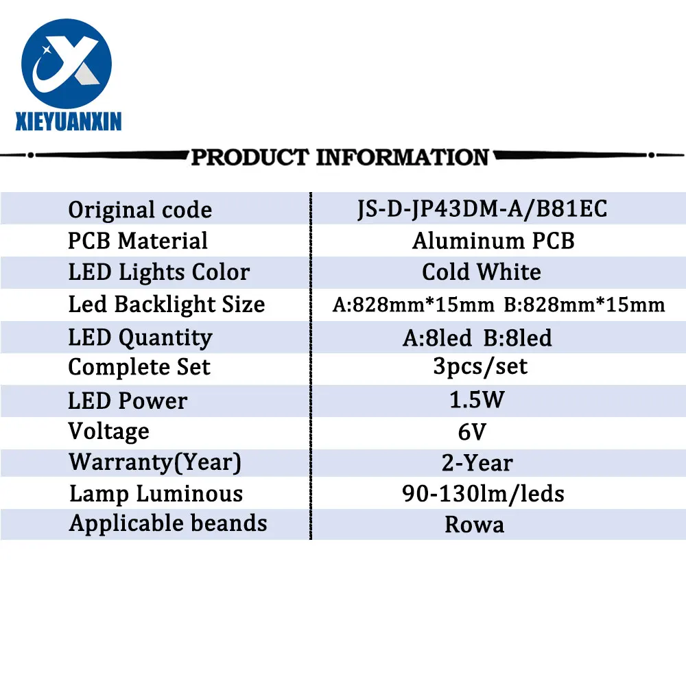 Tira de retroiluminação LED para JS-D-JP43DM-A81EC B82EC E43DM1000 MCPCB, BBK 43LEM-1043, FTS2C, 43LEM-5043, FTS2C, 43LEX-5058, FT2C, 828mm