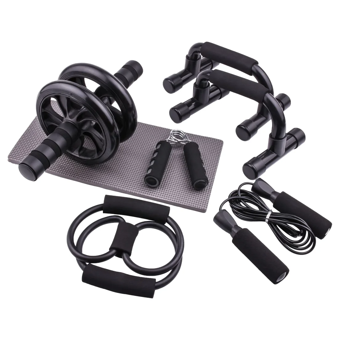 7Pcs/Set Complete Ab Workout Set With Push-Up Stand Ab Wheel Mini Mat Resistance Band Jump Rope& Hand Gripper-Strengthen Core