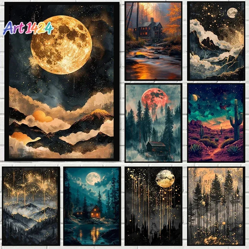 1pc frameless canvas Abstract Forest Wooden Cabin in Mountains Full Moon Forest  Print Cloudy Sky Poster Wall Art Rustic Home