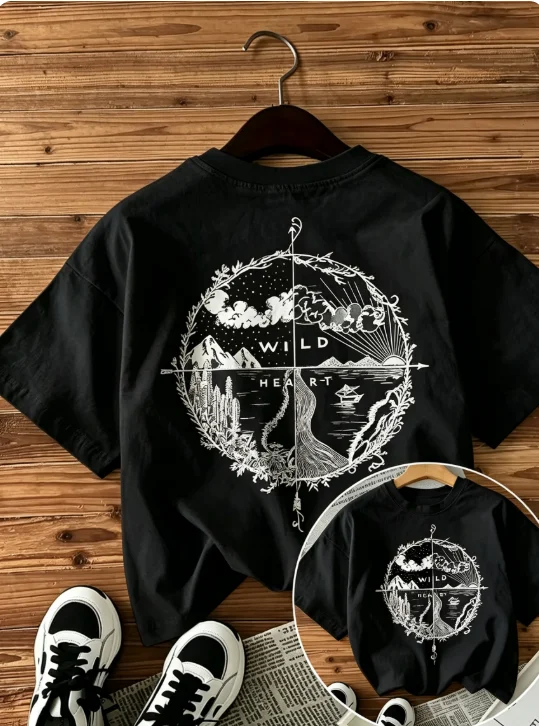 2026 Men Wild Heart Graphic T‑Shirt Casual Loose Short Sleeve Tee Vintage Mountain Compass Landscape Streetwear Tops For Male
