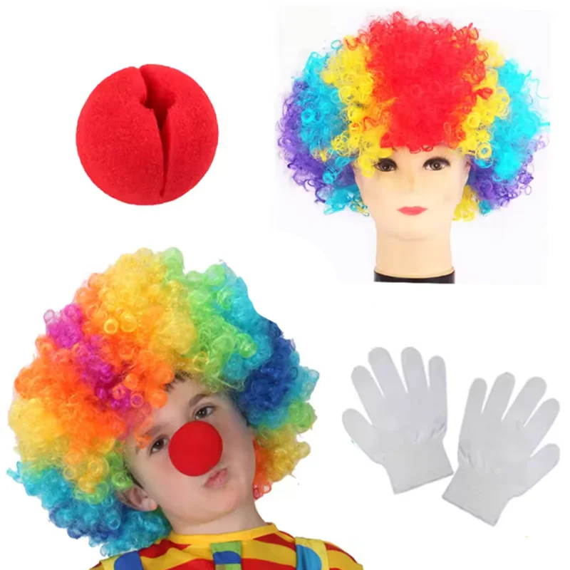 Boys Girls Clown Rainbow Wig+False Nose Birthday Wedding Party Props Halloween Circus Carnival Easter Joker Curly Hair Disguised