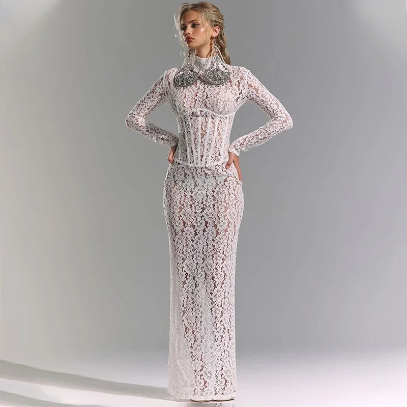 

Luxury Lace Evening Party Dress Women Sheer Sexy Corset Dress Long Sleeve 2026 Summer New Streetwear Maxi Dress Female