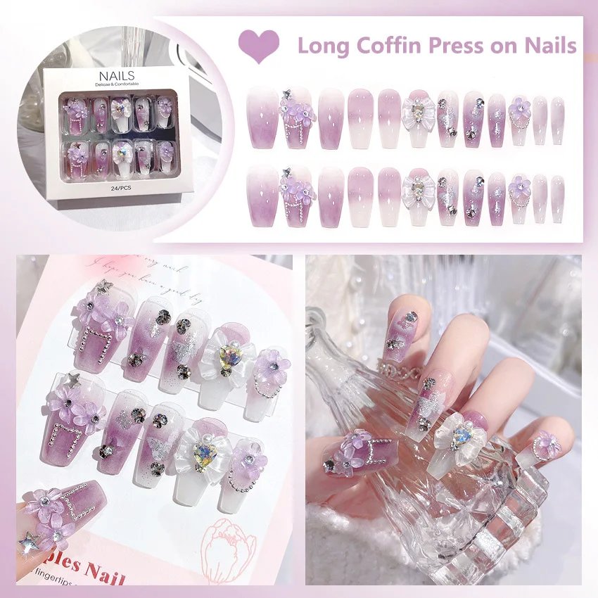 24Pc Purple False Nail Tip 5D Long Coffin Flower Fake Nails French Ballet Bow Full-Cover Press on Nail Gloss Rhinestone FakeNail