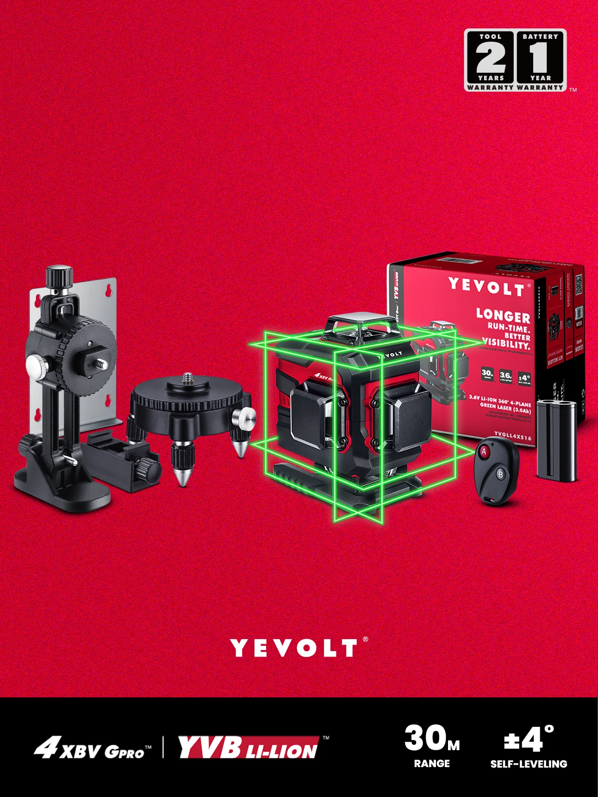 YEVOLT YVGLL4XS16-Wd 4-Plane 16 Lines Green Laser Level with 360°Fine-tuning Magnetic Holder 360°Rotating Base Measuring Tools