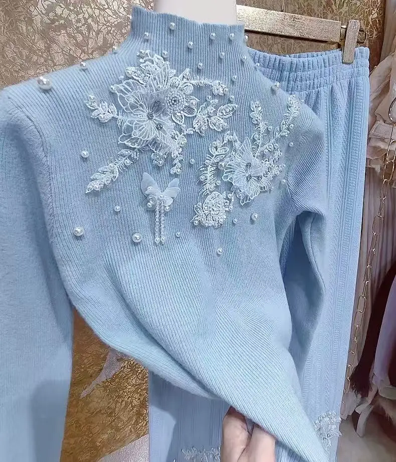 Pull coupe couvertes pour femme, pulls à fond, point de fleurs, perles de poires, tricots d'automne et d'hiver, style de luxe