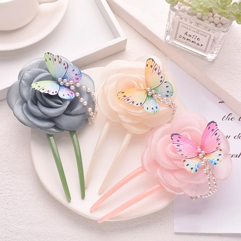 

Chinese Style Mesh Flower Butterfly Hairpin Elegant Pearl Tassel Hair Stick Traditional Vintage Hair Accessories for Women