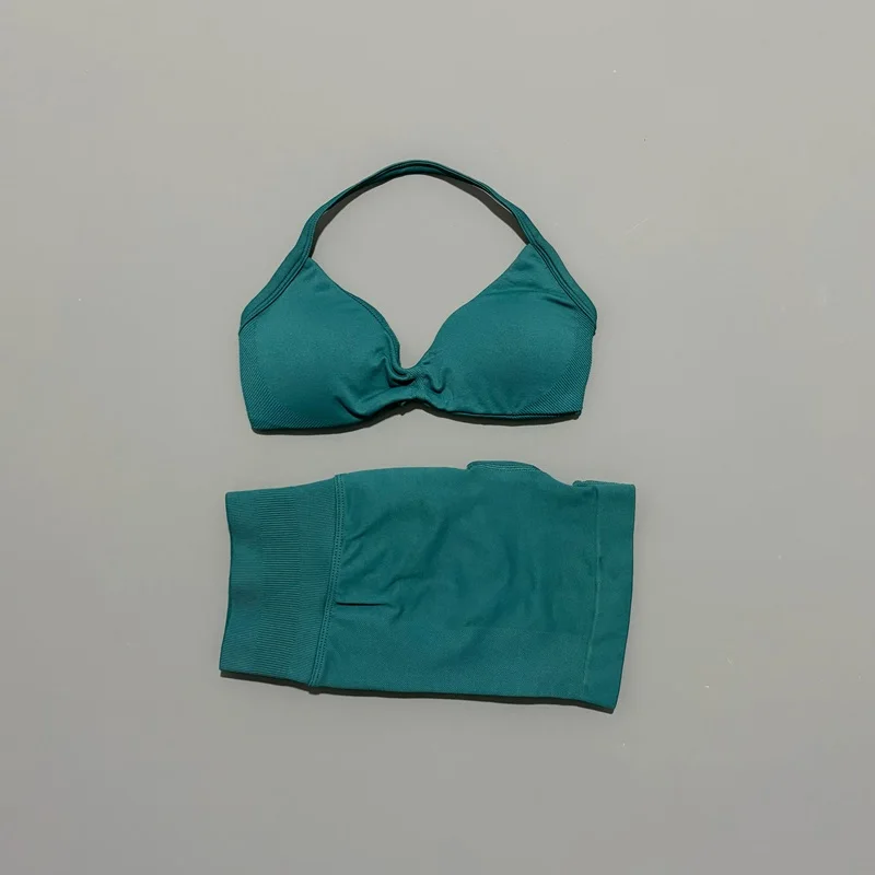 2-delige HISTELLO sportset Naadloze yogabeha met bandjes Hoge taille Scrunchshorts Ademende elastische gymtraining Fitnesskleding