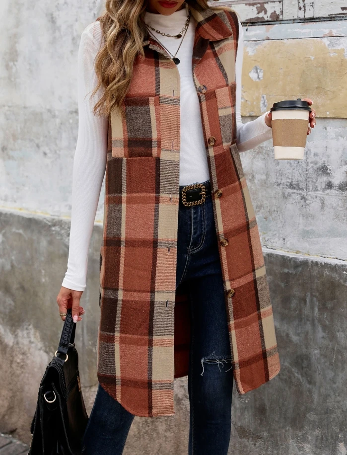 Women's Vest Jacket Fashion Casual Sleeveless Turn-down Collar Button Loose Fit Cardigan Coat Vintage Plaid Print Longline Vest