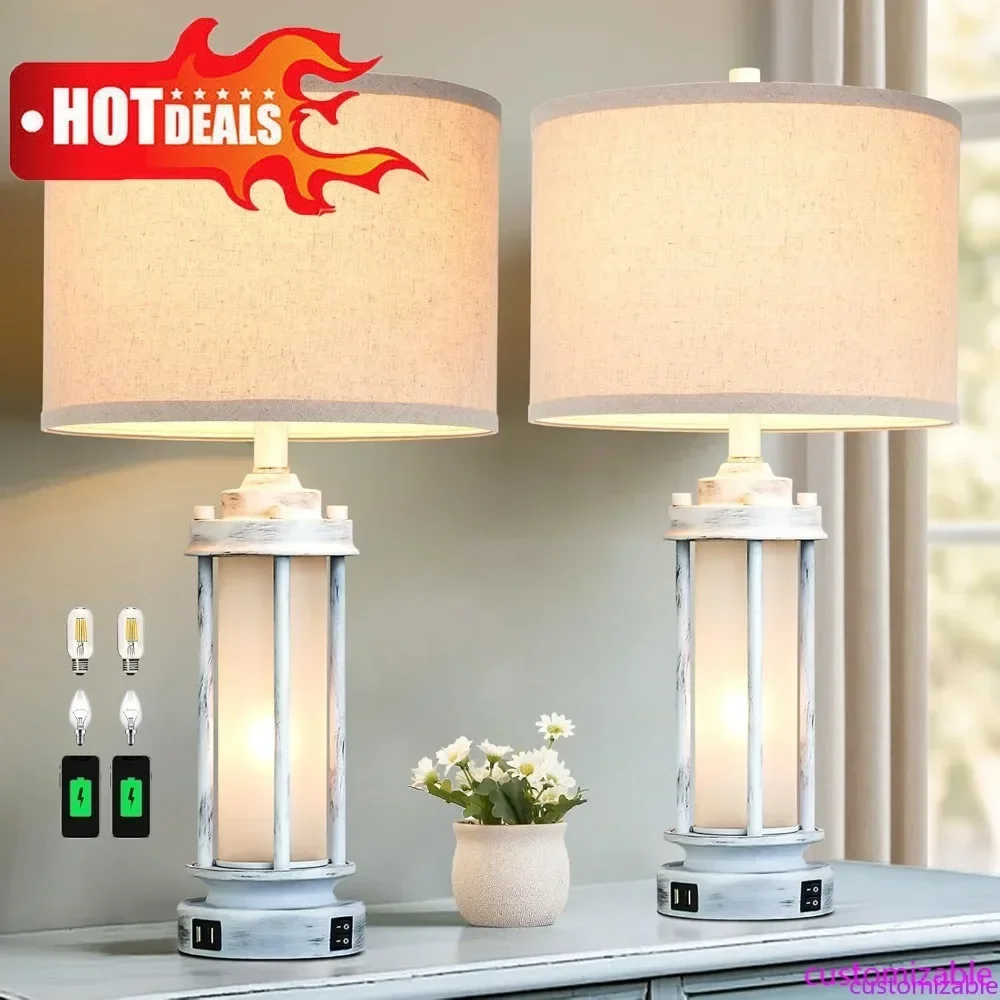 

Customizable-25" Rustic Table Lamps Set Of 2, Vintage Nightstand Lamps With 2 USB Ports, Farmhouse Antique White Desk Lamp With