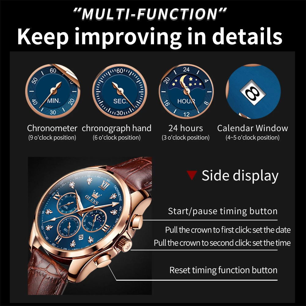 OLEVS 2888 쿼츠 스포츠 시계, 라운드 다이얼 정품 가죽 시계 밴드, 손목시계, 크로노그래프 달력, 빛나는 선물