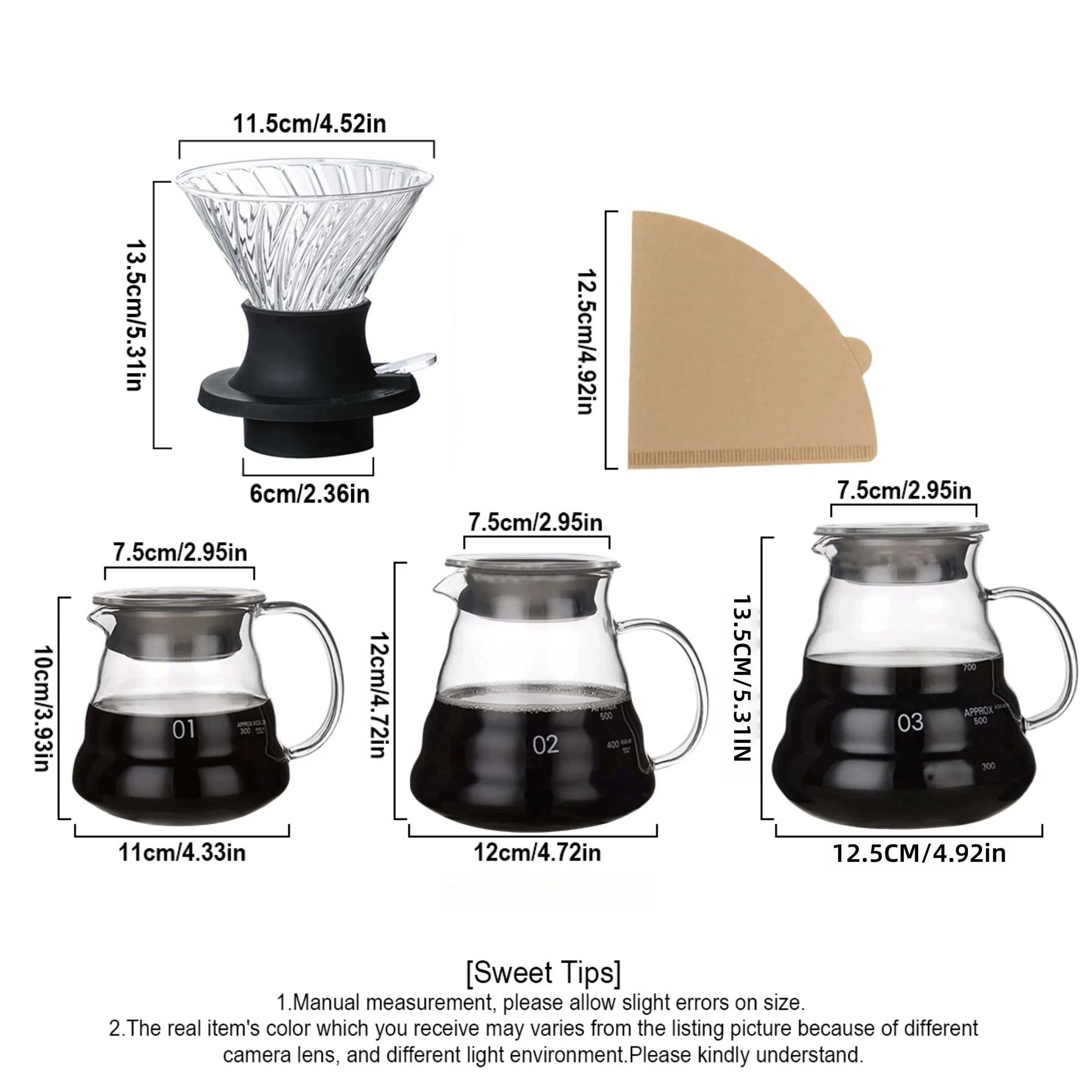 Pour Over Coffee Maker Set, 12/20/27oz Carafe with Dripper and Filters, Hand Drip Coffee Brewer Starter Kit for Home Baristas