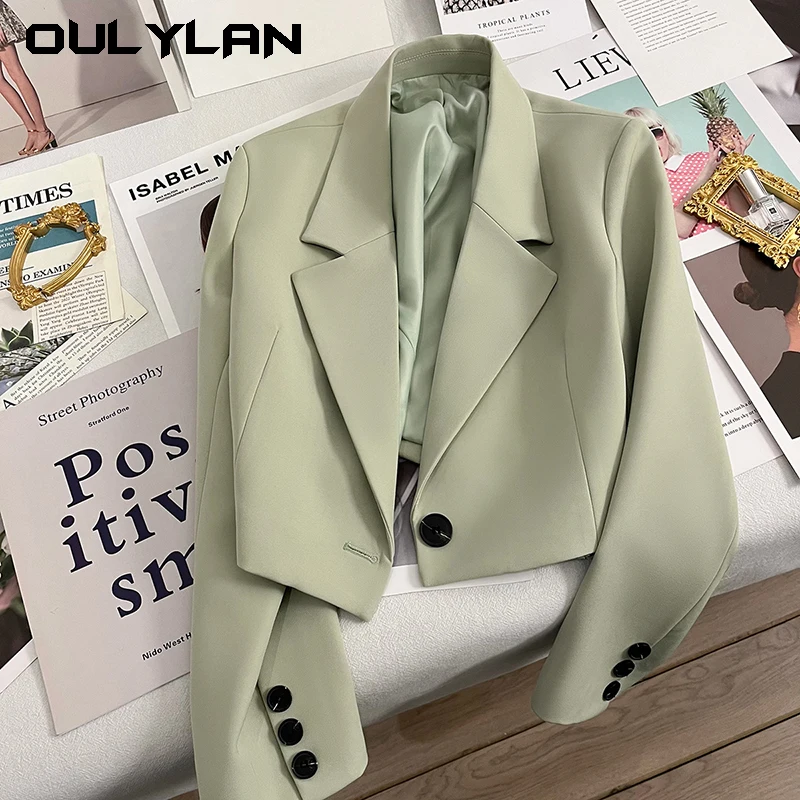 OULYLAN Black Cropped Blazers Woman Trend 2024 New All-match Notched Collar Crop Jacket Women Korean Chic Single Button Suit Coa