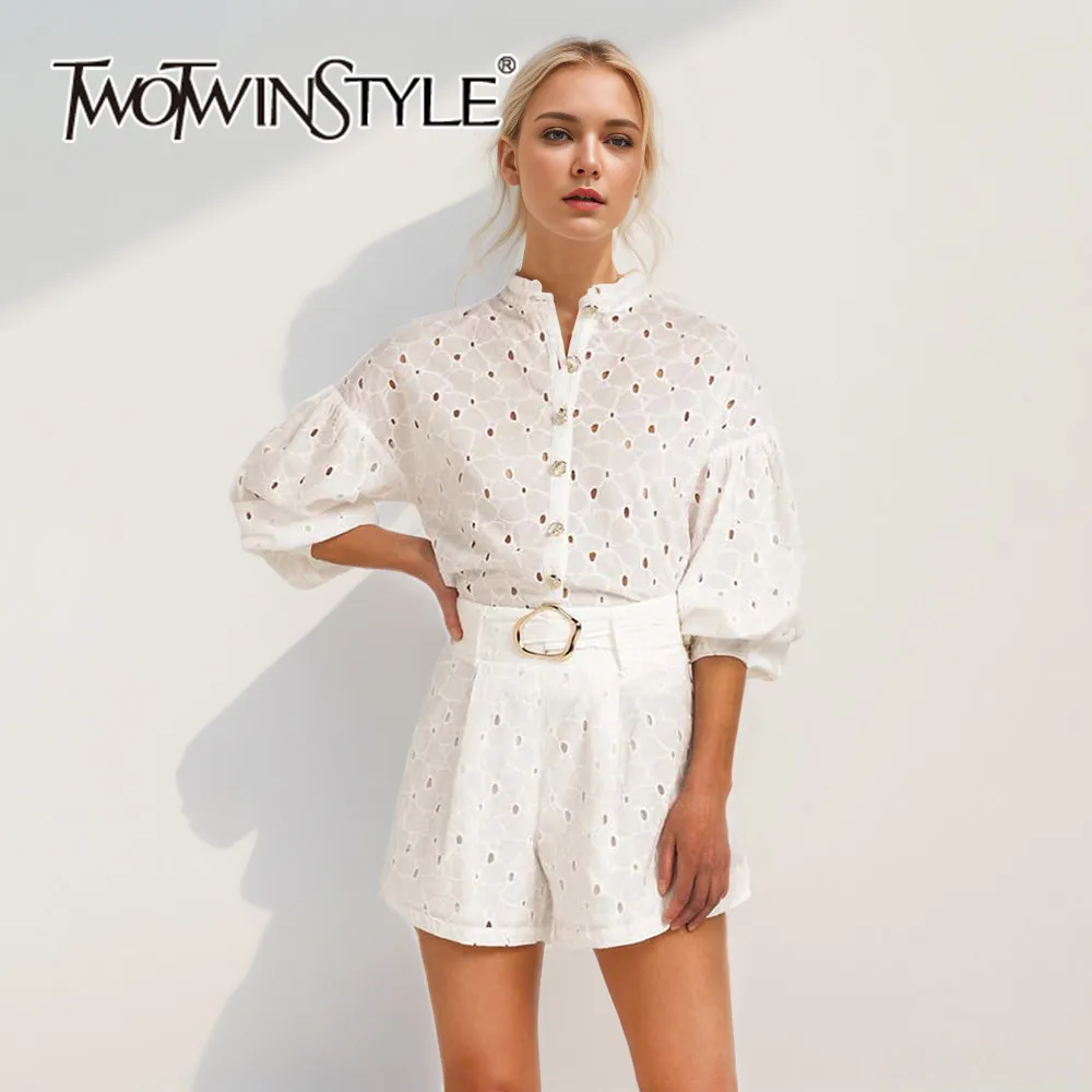 

TWOTWINSTYLE Solid Casual Two Piece Sets For Women Round Neck Half Sleeve Shirts High Wiast Shorts Minimalist Set Female Fashion