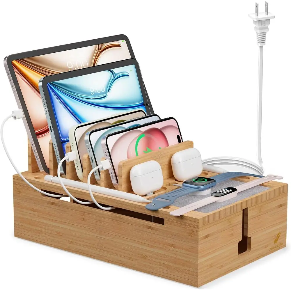 

10-Port USB Hub Charging Station with Cable Management for Multiple Devices - Natural Bamboo Design