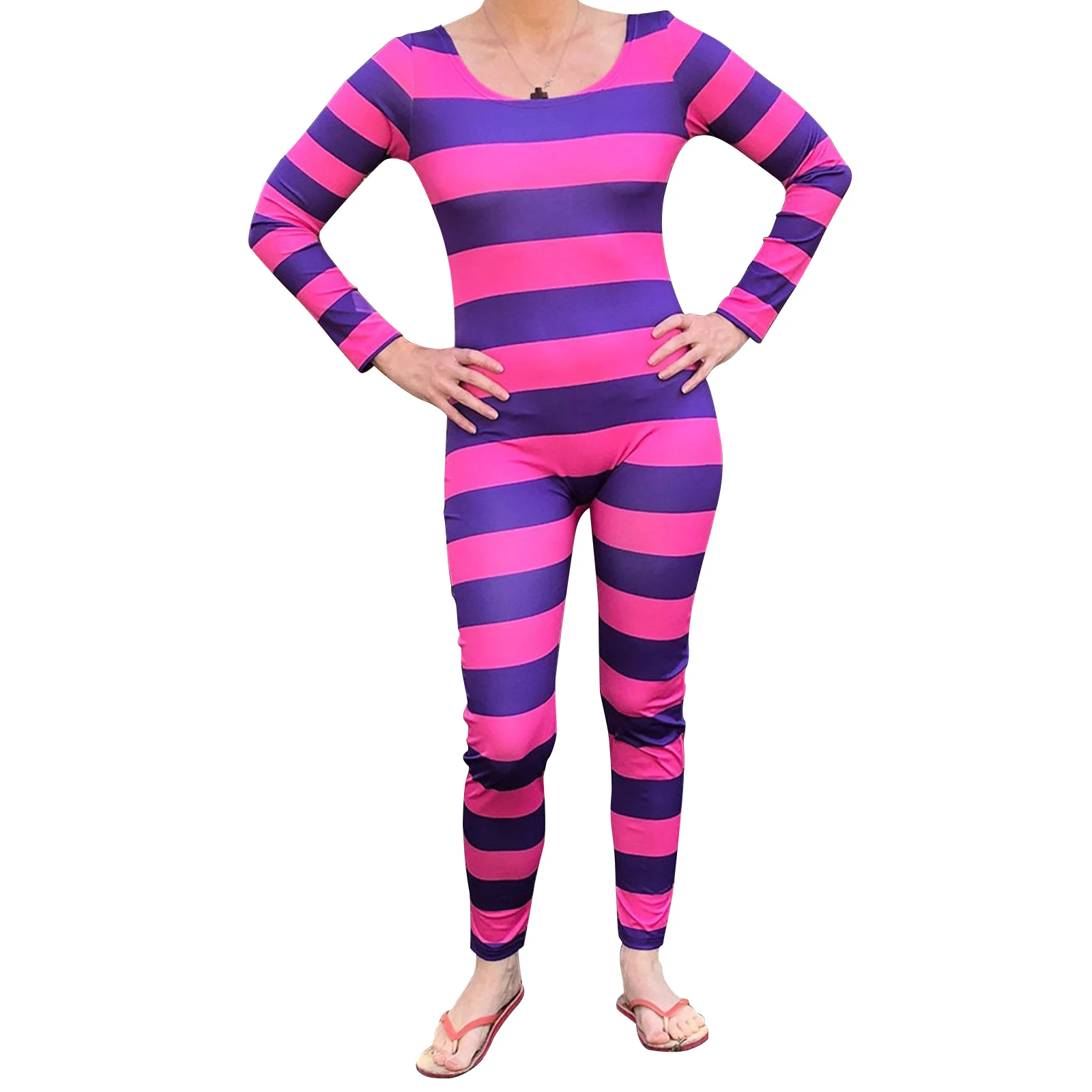 Dames Cheshire Cat Halloween Kostuum Roze Paars Gestreepte Jumpsuit Met Lange Mouwen Cosplay Outfit Festival Kostuums