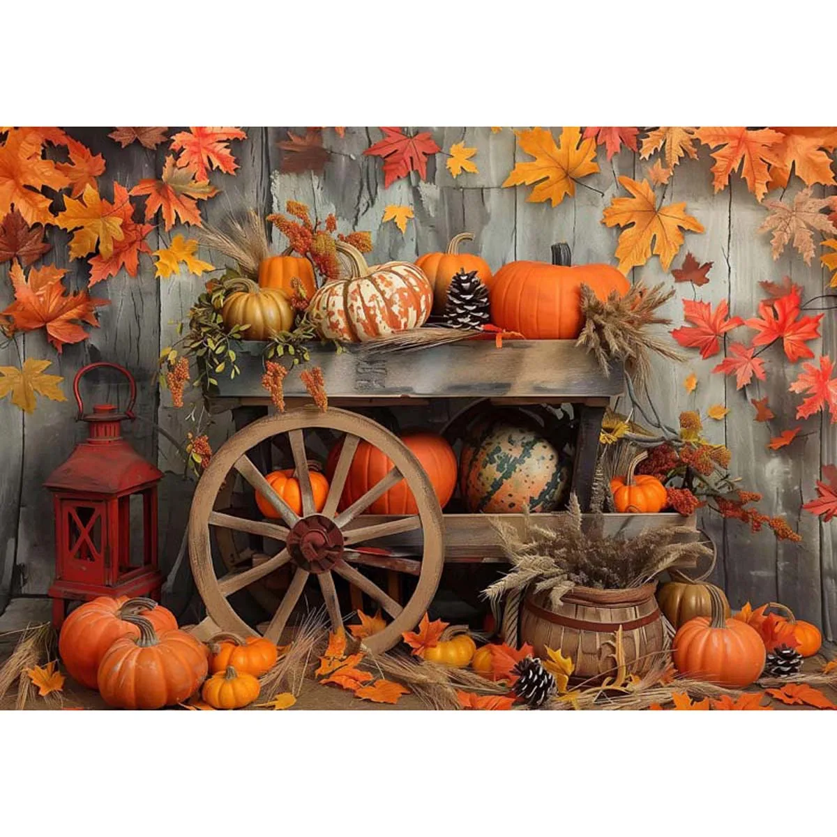 Allenjoy Autumn Pumpkin Red Leaves Wood Wall Backdrop