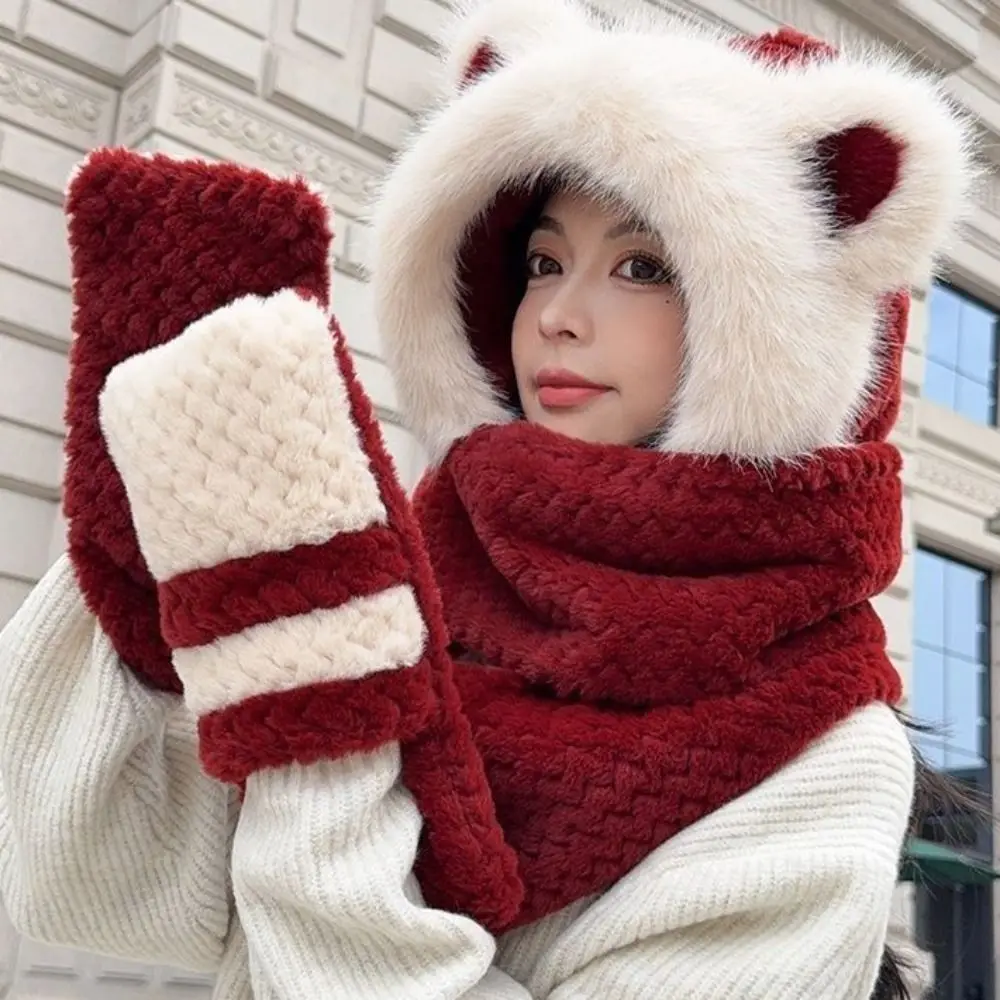 

High-Value Bear Protection Hat Soft Plush Thickened Design Integrated Cap Gloves Scarf Windproof Pullover Ear Protection Hat