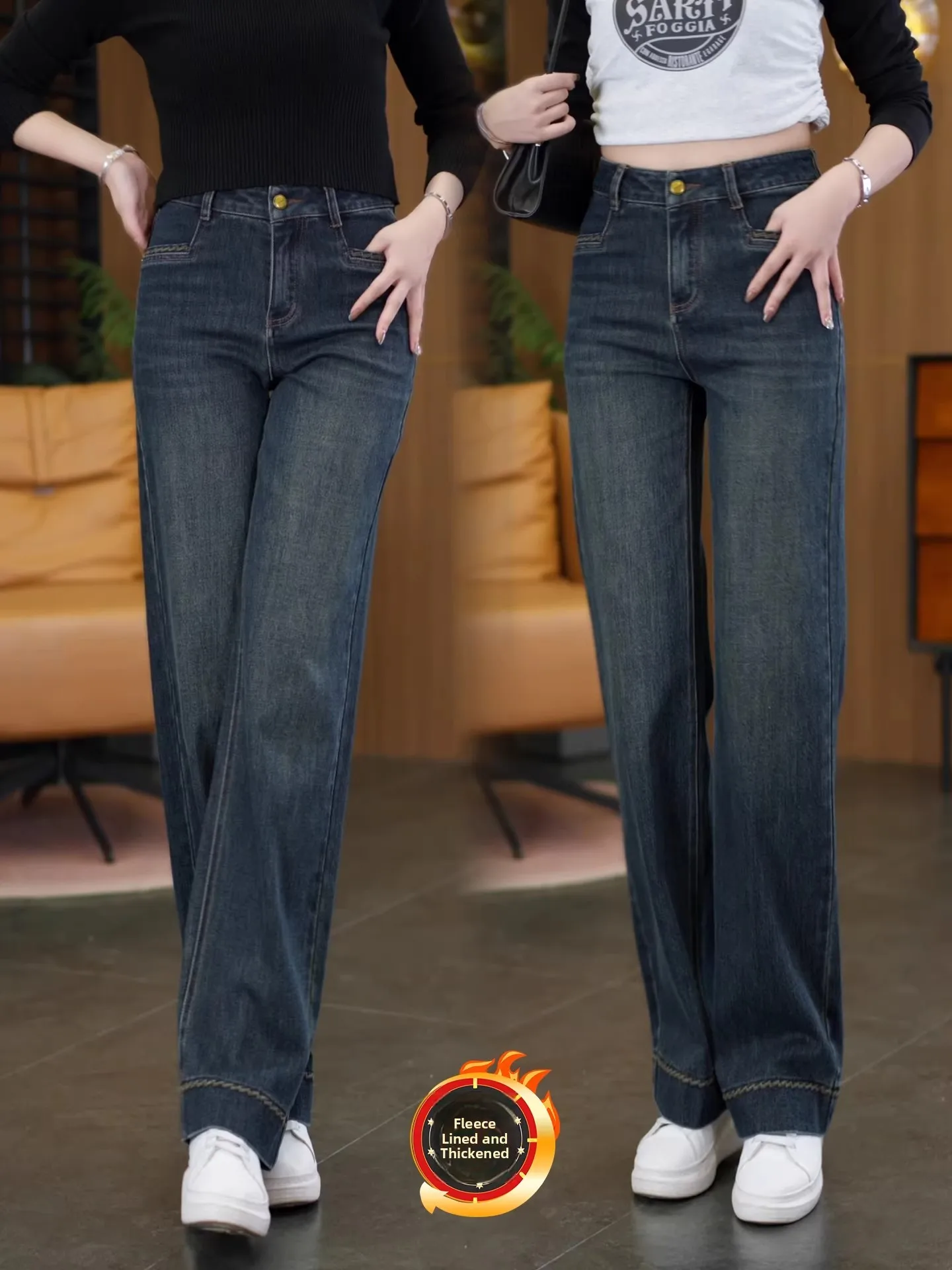 

Женские джинсы с высокой талией, на подкладке, утепленные, прямые, осенне-зимние, повседневные, широкие брюки