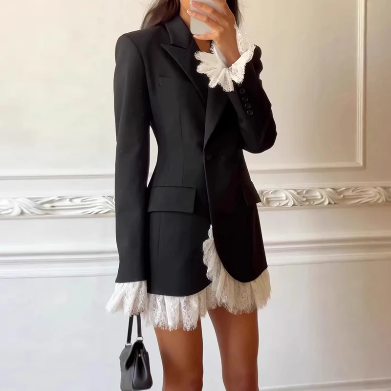 Spitzen-Design, kombiniertes Damenkleid für den Alltag, elegantes Revers, lange Ärmel, lockeres, kurzes Kleid, Herbst, Freizeit, formelle Anlässe, Blazer-Kleid