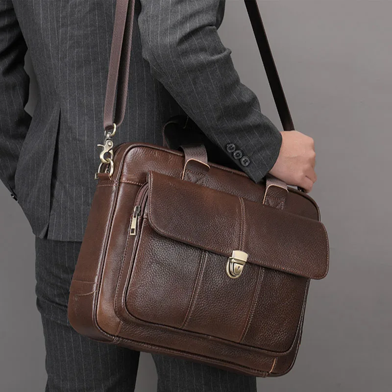 Top Quality Genune Cow Leather Laptop bag 14 inch for men brand retro large briefcase men's travel shoulder bags work handbag