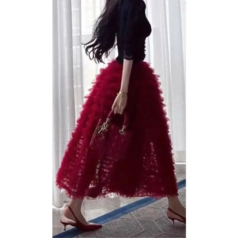 

Shpmishal Korean Fashion Haute Couture Red A-line Skirt 2024 New Women's Summer New Long Cake Skirts Female Clothing