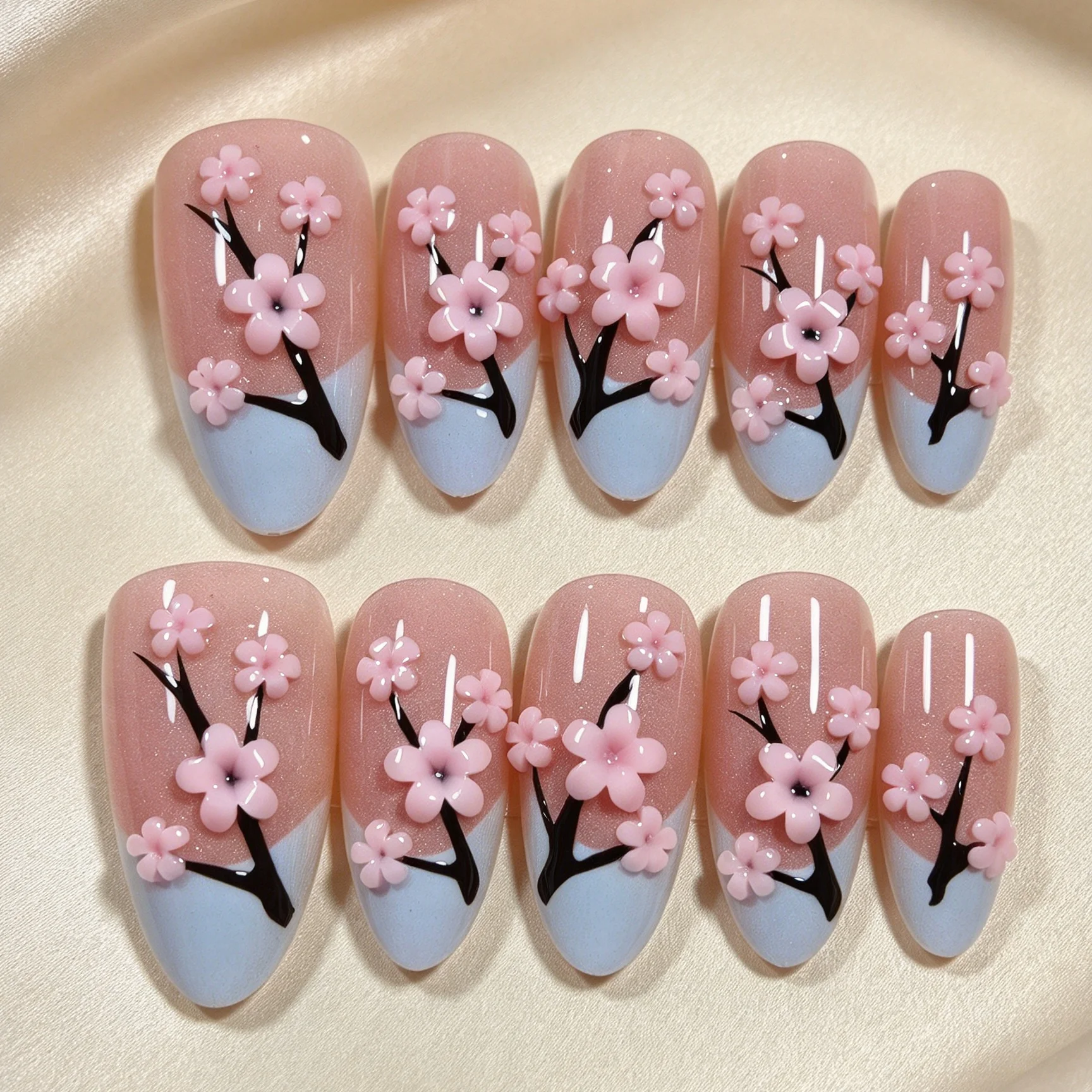 10 pieces of hand pressed almond shaped nails, beautiful fake nails, clear pink flower branches, suitable for party ladies to us