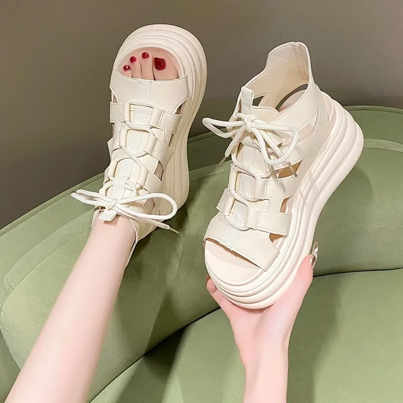 8.5CM Thick Bottom Gladiator Shoes Woman New Summer Chunky Sneakers High Platform Sandals Hollow Out Wedge Heels Beach Sandalias