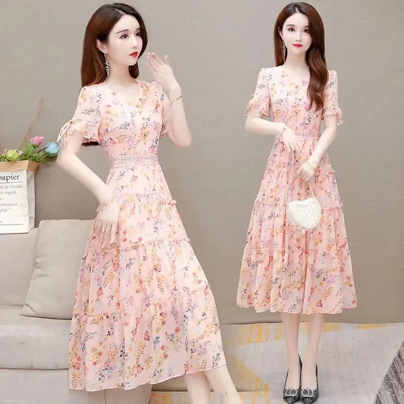 New Summer Short Sleeve Midi Dress Women Fashion Print V-Neck Bodycon Beach Dress Ladies Elegant Floral Chiffon Party Vestidos