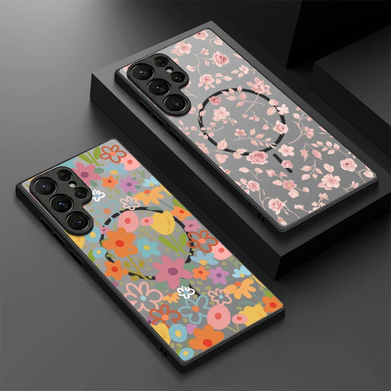 Small Flower Pattern Magnetic Phone Case For Samsung Galaxy S26 S23 S24 Ultra S25 FE s22 Plus S25 Edge For Magsafe Hard PC Cover