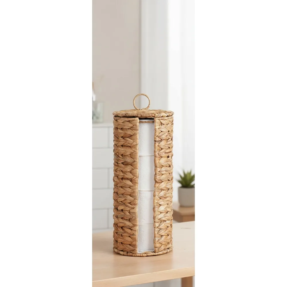 

Decorative Toilet Paper Storage Basket with Lid, Water Hyacinth Rattan Organizer for Bathroom, Holds 4 Mega Rolls