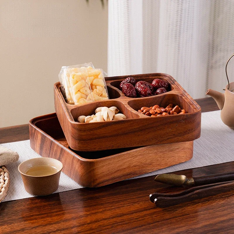 Walnut fruit plate four-grid household wood stackable whole wood sub-grid acacia fruit dried fruit snack plate