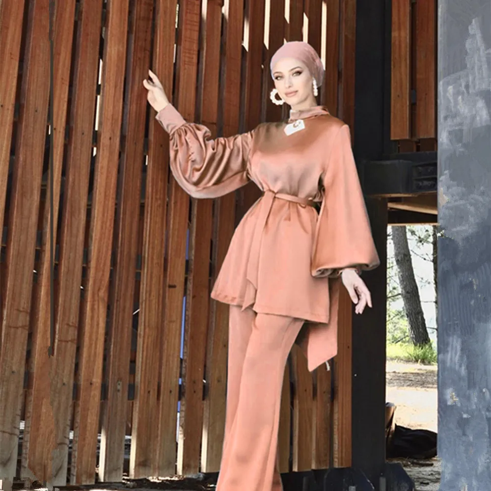 Satin Turkey Two Piece Sets Trousers and Tunic Top Solid Color Elegant Pants and Blouse Set Lady Muslim Woman Outfit Ramadan Eid